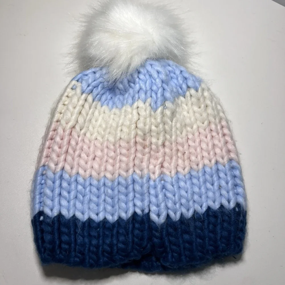 Bebe‎ Kids Striped Beanie White Faux Fur Pom-Pom